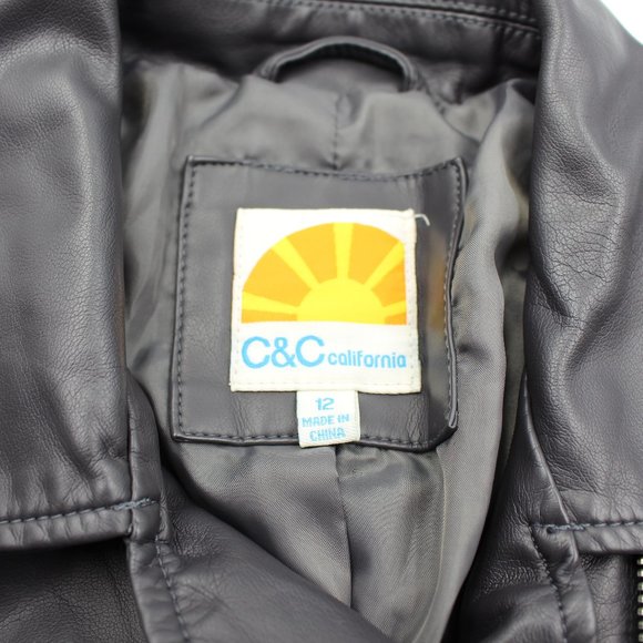 C&C California Dark Grey Embroidered Faux Leather Girls Biker Jacket Size 12 - Picture 4 of 11